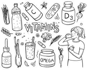 Vector color drawing of vitamins and supplements. Amino acids. Water, oxygen cocktail. The girl takes pills. Vegetables, beets, celery, carrots, broccoli. Right way of life. scribble. hand drawing
