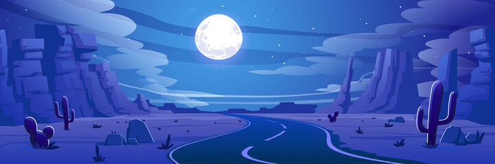 Wüstenlandschaft mit Straße, Felsen und Kakteen bei Nacht. Vektorkarikaturillustration der Autobahnkurve in heißer Sandwüste mit Bergen, Mond und Sternen im Himmel