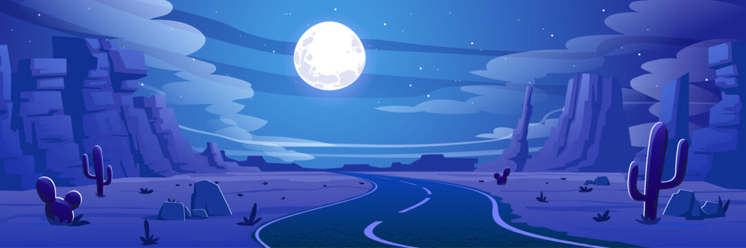 Desert landscape with road, rocks and cactuses at night. Vector cartoon illustration of highway turn in hot sand desert with mountains, moon and stars in sky