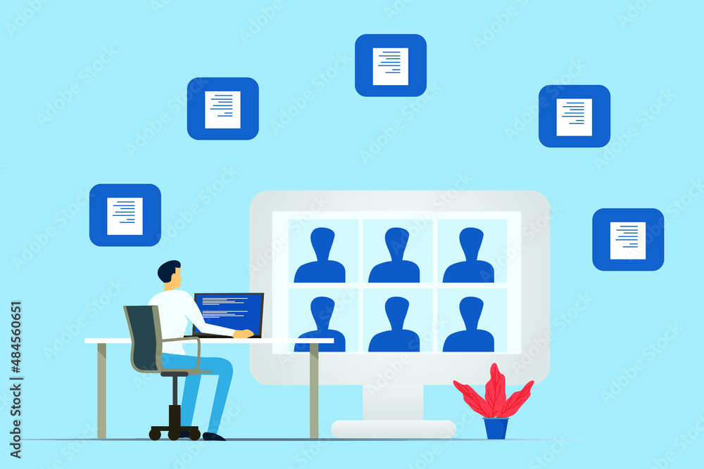 Poster flat vector online meeting with a client and employer by a computer big size
