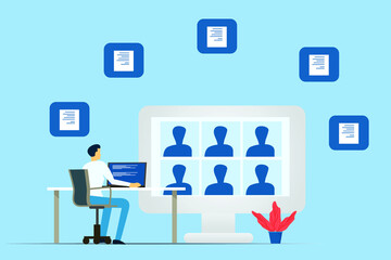 Fototapeta premium flat vector online meeting with a client and employer by a computer big size 
