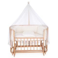 room for baby, white, gray, bedding, pillow and quilt blanket, bright interiors, accessories, white baby crib with canopy isolated on white background © vaankara