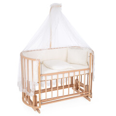 room for baby, white, gray, bedding, pillow and quilt blanket, bright interiors, accessories, white baby crib with canopy isolated on white background © vaankara