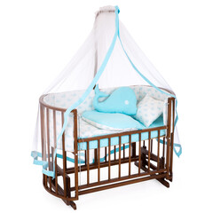 room for baby, white, gray, bedding, pillow and quilt blanket, bright interiors, accessories, white baby crib with canopy isolated on white background © vaankara