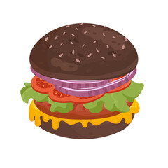 Tasty big burger grilled with dark bread buns. American fast food cuisine meal cartoon vector illustration