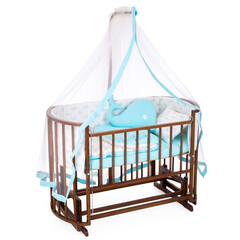 room for baby, white, gray, bedding, pillow and quilt blanket, bright interiors, accessories, white baby crib with canopy isolated on white background © vaankara