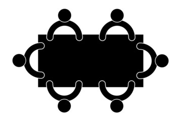 Team of six people sitting around an angled table, top view,  symbol for business meeting, black icon isolated on white background