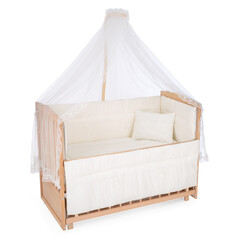 room for baby, white, gray, bedding, pillow and quilt blanket, bright interiors, accessories, white baby crib with canopy isolated on white background © vaankara