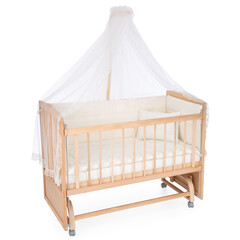 room for baby, white, gray, bedding, pillow and quilt blanket, bright interiors, accessories, white baby crib with canopy isolated on white background © vaankara