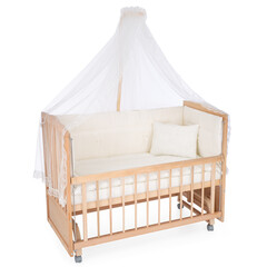 room for baby, white, gray, bedding, pillow and quilt blanket, bright interiors, accessories, white baby crib with canopy isolated on white background © vaankara