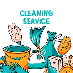 Cleaning service concept with hand drawn elements and lettering. Vector illustration in doodle style