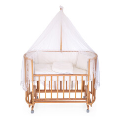 room for baby, white, gray, bedding, pillow and quilt blanket, bright interiors, accessories, white baby crib with canopy isolated on white background © vaankara