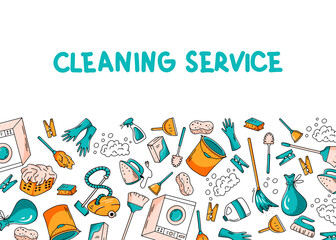 Cleaning service background with hand drawn elements and lettering. Vector illustration in doodle style. Banner template