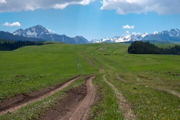 Beautiful mountain valley with gravel road and snowy mountains on background landscape.