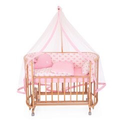 room for baby, white, gray, bedding, pillow and quilt blanket, bright interiors, accessories, white baby crib with canopy isolated on white background © vaankara