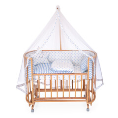 room for baby, white, gray, bedding, pillow and quilt blanket, bright interiors, accessories, white baby crib with canopy isolated on white background © vaankara