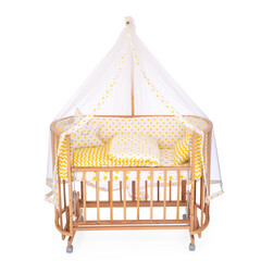 room for baby, white, gray, bedding, pillow and quilt blanket, bright interiors, accessories, white baby crib with canopy isolated on white background © vaankara
