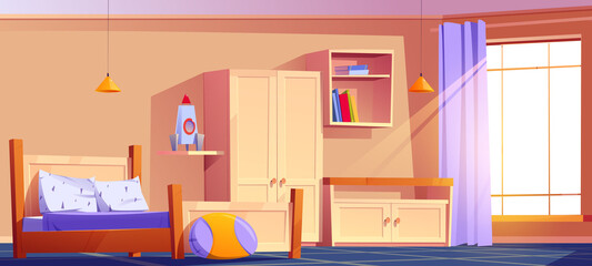 Kids bedroom, empty child room indoors interior with bed, pillow on rug, cupboard, rocket toy and books on shelves, wooden furniture and wide curtained window, cozy place Cartoon vector illustration