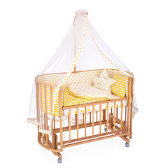 room for baby, white, gray, bedding, pillow and quilt blanket, bright interiors, accessories, white baby crib with canopy isolated on white background © vaankara