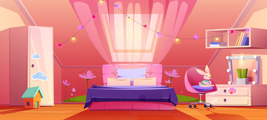Girl bedroom interior on attic, cute mansard room in pink colors with bed, curtained window, cupboard with stickers, bookshelf, hanging garland and toys and ceiling window, Cartoon vector illustration
