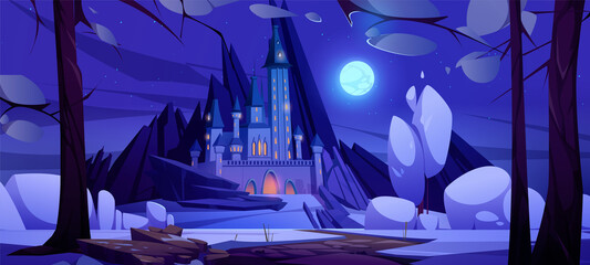 Naklejka na ściany i meble Road to magic castle at night, fairytale palace with turrets on mountain and rocky path under purple sky with full moon and stars. Fantasy fortress, medieval architecture, Cartoon vector illustration