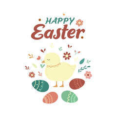Happy Easter. Isolated flat illustration for Easter. Chicken, eggs and spring flowers, cute greeting card