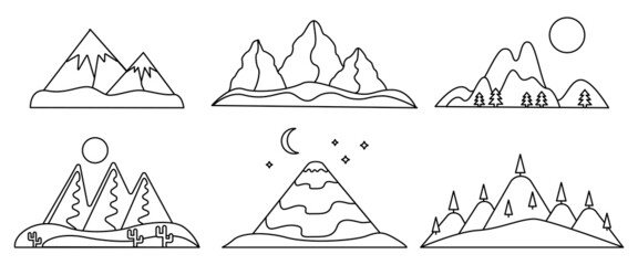 Mountains black silhouette linear contour set. Desert, snowy hill, volcano. Design for website header, banner, water bottles and products. Icons and logo objects for companies.Vector illustration