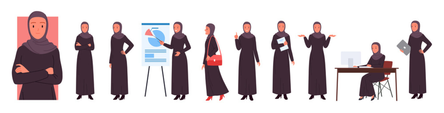 Wide set of business arabian woman in diverse working poses. Muslim lady in executive management position, company manager and professional corporate expert cartoon vector illustration