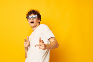 guy with red curly hair in a white t-shirt blue fashion glasses Lifestyle unaltered