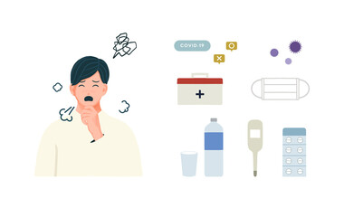 体調を崩した男性と感染症にまつわるイラストアイコンセット