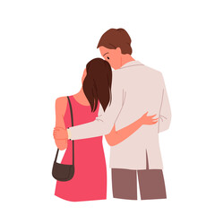 Back position of sweet hugging young teenagers couple. Romantic and lovely relationship moment, spending beautiful time together, partner affection cartoon vector illustration