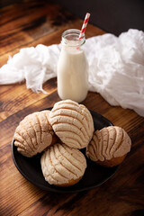 Conchas. Mexican sweet bread roll with seashell-like appearance, Usually eaten with coffee or hot chocolate at breakfast or as an afternoon snack.