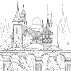 Obraz premium Medieval city with houses, castles and trees. Hand drawn coloring page.