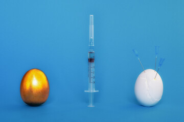 A metallic golden egg and a white chicken egg in cracks and needles from syringes and a syringe on...