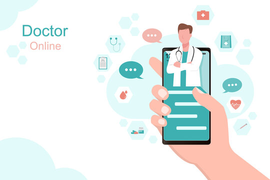 Doctor Online Concept, Hand Hold A Mobile Phone Is Using Online Medical, Accessing Health Information By Yourself