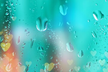water droplets on transparent glass surface blue-green background