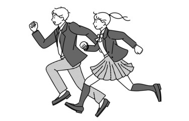 制服を着て走る男子学生と女子学生のモノクロイラスト