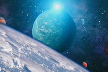 Chaotic space background. Planets, stars and galaxies in outer space showing the beauty of space...