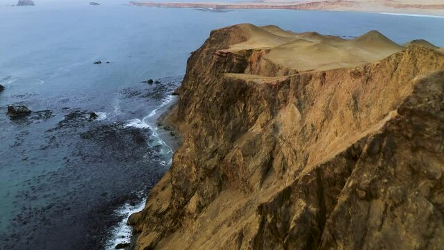 Aerial Flight over Breathtaking Ocean Coastal Cliffs of Paracas, Peru