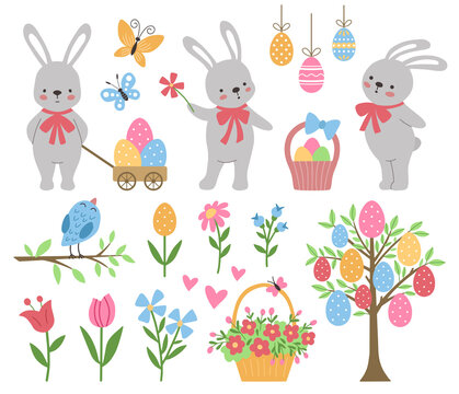 Set of cute Easter characters and design elements.
