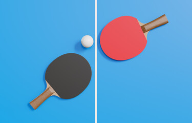 Red and black rackets for table tennis on blue background. Ping pong sports equipment. 3d illustration.