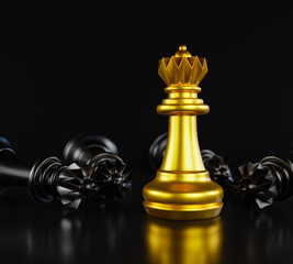 Stand of golden king chess and fallen black king chess. 3d rendering.