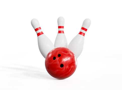 Red bowling ball striking against pins in a pins bowling game. Isolated on white background. 3d rendering.