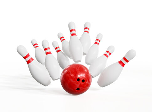 Red bowling ball striking against pins in a ten-pin bowling game. Isolated on white background. 3d rendering.