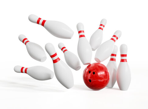 Red bowling ball striking against pins in a ten-pin bowling game. Isolated on white background. 3d rendering.
