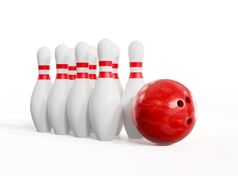 Red bowling ball and pins isolated on white background. 3d rendering.