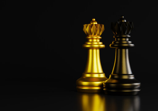 Gold king chess  and black king chess piece stand on black background. 3d rendering.