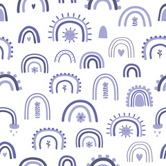 Very peri cute rainbows pattern. Baby rainbows, heart, flowers background. Violet seamless background. Kids simple rainbows fabric design, textile, print, arch wallpaper. Vector illustration.