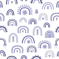 Wall murals Very peri Very peri cute rainbows pattern. Baby rainbows, heart, flowers background. Violet seamless background. Kids simple rainbows fabric design, textile, print, arch wallpaper. Vector illustration.