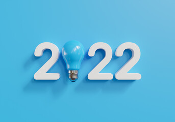 2022 Happy new year with light bulb on blue background, 3d illustration.